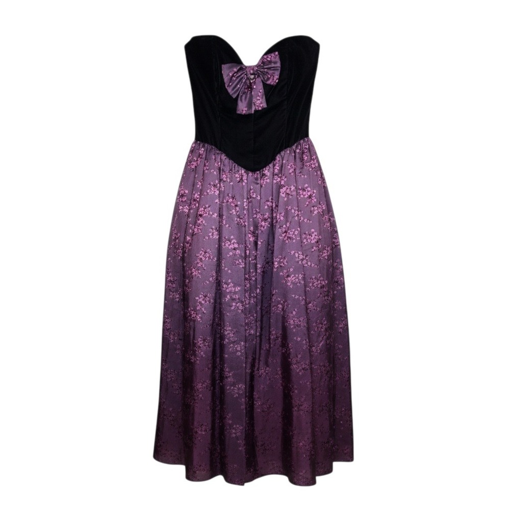 Vtg 80s Gunne Sax Strapless Gown Purple Floral Velvet‎ Corset Bow Whimsigoth 7